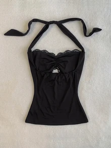 IslaSuriya Women's Elegant Sexy Lace Patchwork Backless Halter Top - Black - View 2