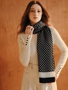 Opalesca 1pc Women Scarves Lady Light Soft Fashion Geometric Print Hijab Wrap Shawl For All Season For Dress - Black and White - View 1