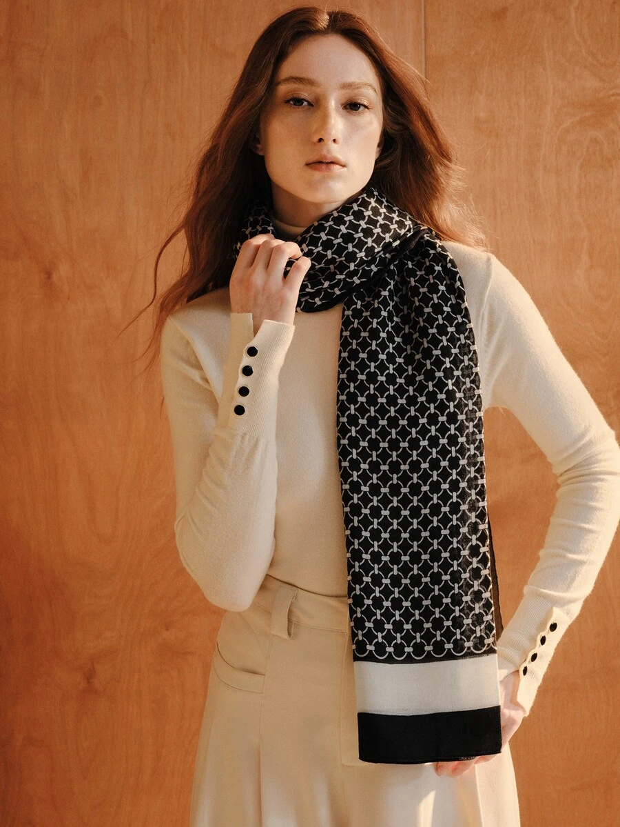 Opalesca 1pc Women Scarves Lady Light Soft Fashion Geometric Print Hijab Wrap Shawl For All Season For Dress - Black and White - View 1