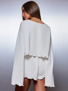 MISSGUIDED Waffle Knit Co-Ord Set Crop Sweatshirt With Bell Sleeves And Ruffle Hem Shorts With Drawstring Waist Lounge Set - Apricot - View 4