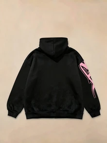 FROVYX Men's American Street Graffiti Pink & Black Colorblock Cropped Loose Hoodie, Bold & Expressive Street Style, Unreplaceable Cool Look - Multicolor - View 5