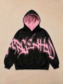 FROVYX Men's American Street Graffiti Pink & Black Colorblock Cropped Loose Hoodie, Bold & Expressive Street Style, Unreplaceable Cool Look - Multicolor - View 2