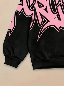 FROVYX Men's American Street Graffiti Pink & Black Colorblock Cropped Loose Hoodie, Bold & Expressive Street Style, Unreplaceable Cool Look - Multicolor - View 4