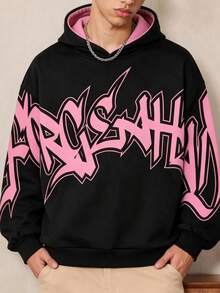 FROVYX Men's American Street Graffiti Pink & Black Colorblock Cropped Loose Hoodie, Bold & Expressive Street Style, Unreplaceable Cool Look - Multicolor - View 1