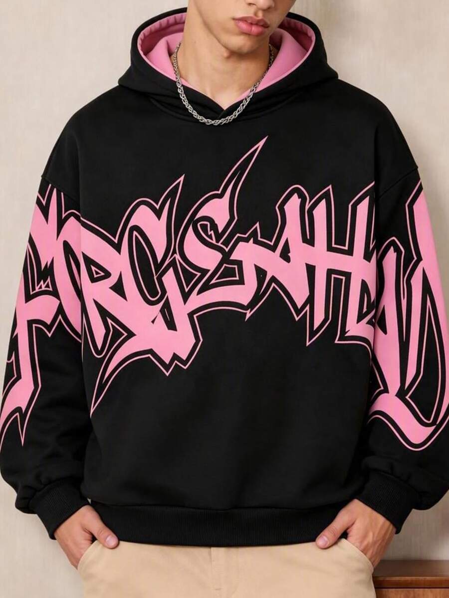 FROVYX Men's American Street Graffiti Pink & Black Colorblock Cropped Loose Hoodie, Bold & Expressive Street Style, Unreplaceable Cool Look - Multicolor - View 1