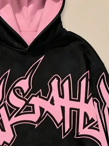 FROVYX Men's American Street Graffiti Pink & Black Colorblock Cropped Loose Hoodie, Bold & Expressive Street Style, Unreplaceable Cool Look - Multicolor - View 3