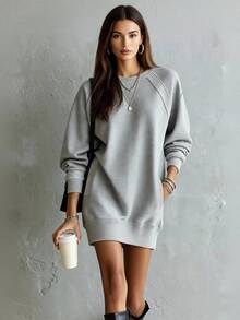 Trelyra Women's Solid Color Round Neck Dropped Shoulder Long Sleeve Casual Sweatshirt Dress - Grey - View 3