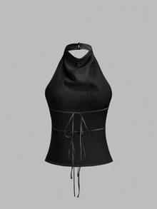 Sweetra Solid Color Halter Draped Open Back Tie Camisole - Black - View 2