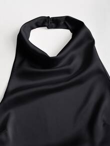 Sweetra Solid Color Halter Draped Open Back Tie Camisole - Black - View 5