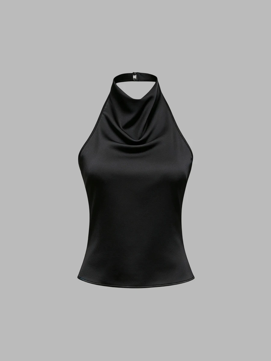 Sweetra Solid Color Halter Draped Open Back Tie Camisole - Black - View 1