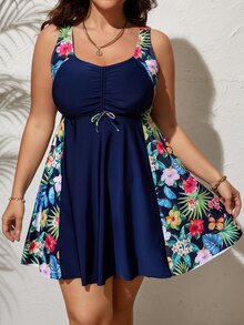 SHEIN Swim Curve 大碼熱帶圖案坦基尼套裝前抽繩胸部褶皺游泳吊帶洋裝和高腰下裝2入組泳衣 - 藏蓝色 - 查看 5
