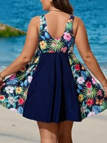 SHEIN Swim Curve 大碼熱帶圖案坦基尼套裝前抽繩胸部褶皺游泳吊帶洋裝和高腰下裝2入組泳衣 - 藏蓝色 - 查看 2