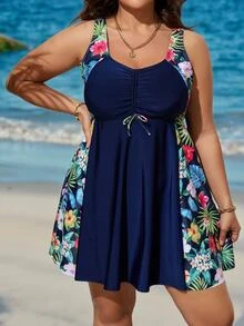 SHEIN Swim Curve 大碼熱帶圖案坦基尼套裝前抽繩胸部褶皺游泳吊帶洋裝和高腰下裝2入組泳衣 - 藏蓝色 - 查看 3