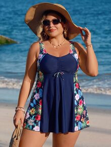 SHEIN Swim Curve 大碼熱帶圖案坦基尼套裝前抽繩胸部褶皺游泳吊帶洋裝和高腰下裝2入組泳衣 - 藏蓝色 - 查看 1