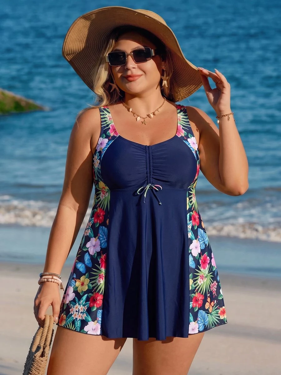 SHEIN Swim Curve 大碼熱帶圖案坦基尼套裝前抽繩胸部褶皺游泳吊帶洋裝和高腰下裝2入組泳衣 - 藏蓝色 - 查看 1