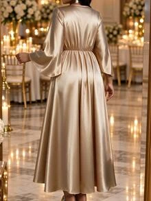 Fleurora Plus Size Women's Solid Color V-Neck Glossy Asymmetrical Hem Party Dress Fall Christmas - Champagne - View 2