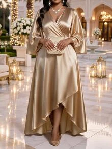 Fleurora Plus Size Women's Solid Color V-Neck Glossy Asymmetrical Hem Party Dress Fall Christmas - Champagne - View 1