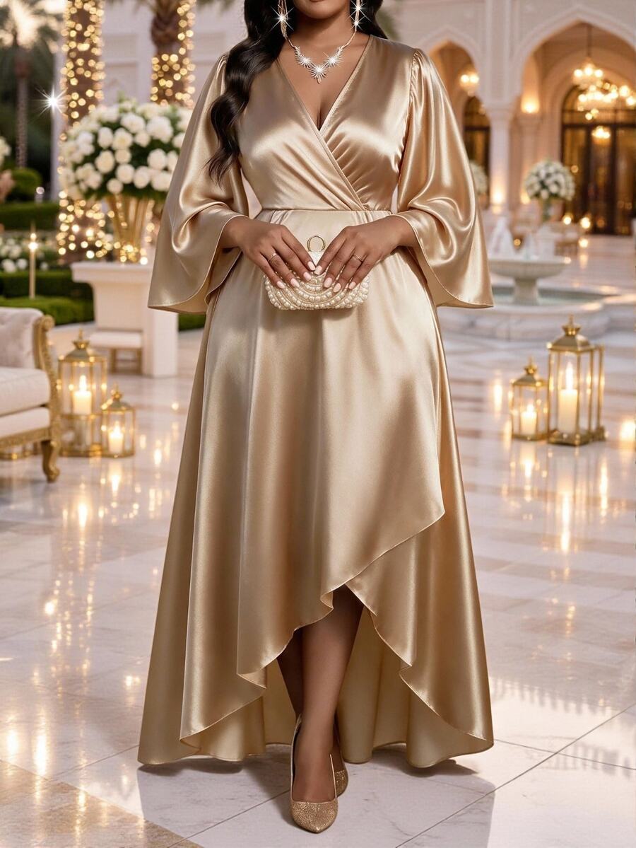 Fleurora Plus Size Women's Solid Color V-Neck Glossy Asymmetrical Hem Party Dress Fall Christmas - Champagne - View 1