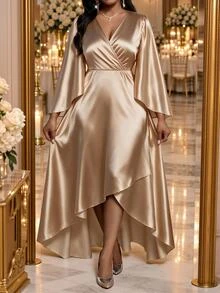 Fleurora Plus Size Women's Solid Color V-Neck Glossy Asymmetrical Hem Party Dress Fall Christmas - Champagne - View 5