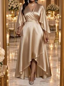 Fleurora Plus Size Women's Solid Color V-Neck Glossy Asymmetrical Hem Party Dress Fall Christmas - Champagne - View 3