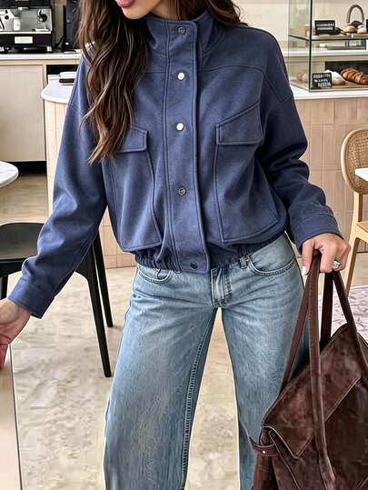 Lucivie Giacca elegante casual retrò da donna in finta pelle scamosciata blu navy con colletto rialzato, tasche cargo, bottoni, vestibilità ampia e oversize, capospalla abbigliamento strada