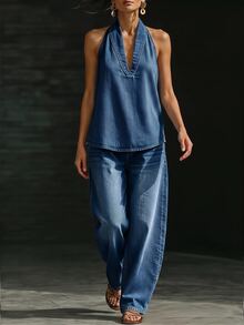 LUMIGAL Women's Casual Vacation Halter Neck Denim Top - Blue - View 3