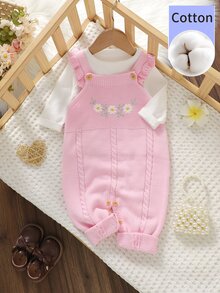 SHEIN 1pc Pure Cotton Pink Ruffle Strap Romper, Exquisite Embroidered Jumpsuit, Baby Sweater Jumpsuit, Fashionable Sweet Outfit Autumn Winter - Pink - View 7