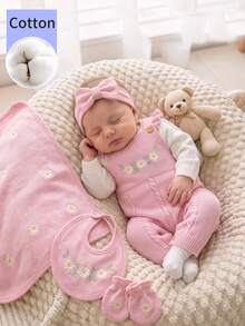 SHEIN 1pc Pure Cotton Pink Ruffle Strap Romper, Exquisite Embroidered Jumpsuit, Baby Sweater Jumpsuit, Fashionable Sweet Outfit Autumn Winter - Pink - View 1