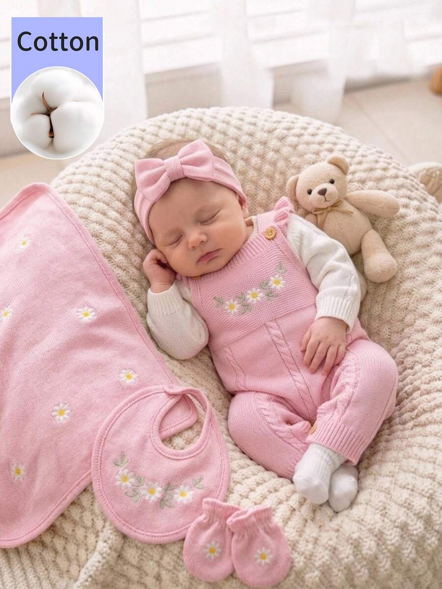 SHEIN 1pc Pure Cotton Pink Ruffle Strap Romper, Exquisite Embroidered Jumpsuit, Baby Sweater Jumpsuit, Fashionable Sweet Outfit Autumn Winter - Pink - View 1