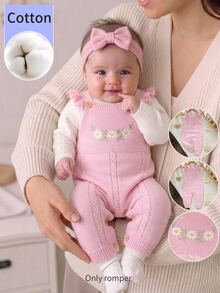 SHEIN 1pc Pure Cotton Pink Ruffle Strap Romper, Exquisite Embroidered Jumpsuit, Baby Sweater Jumpsuit, Fashionable Sweet Outfit Autumn Winter - Pink - View 8