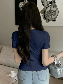 DAZY Women's Casual Versatile Solid Color Slim Fit T-Shirt - Navy Blue - View 4