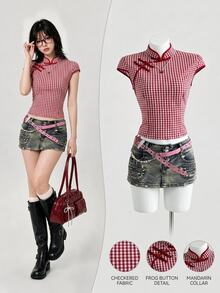 Elamini Women's Red And White Plaid Summer 70s Retro Date Top,Cotton Blend Contrast Button Mandarin Collar Side Slit Waist Cinched Short Sleeve Collegiate - Red and White - View 1