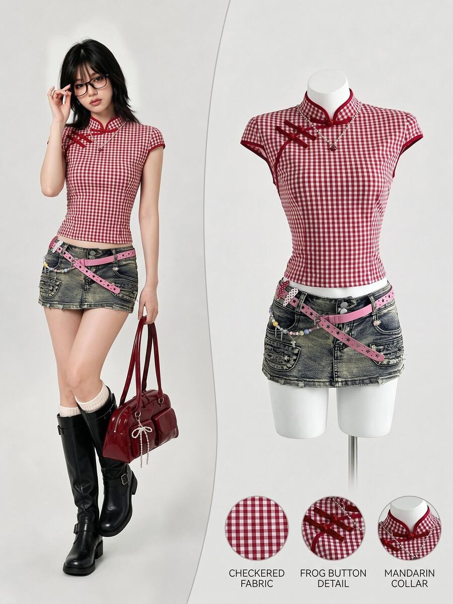 Elamini Women's Red And White Plaid Summer 70s Retro Date Top,Cotton Blend Contrast Button Mandarin Collar Side Slit Waist Cinched Short Sleeve Collegiate - Red and White - View 1