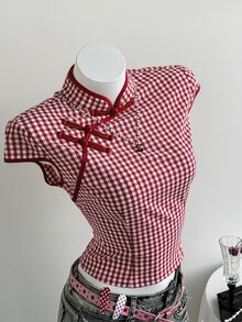 Elamini Women's Red And White Plaid Summer 70s Retro Date Top,Cotton Blend Contrast Button Mandarin Collar Side Slit Waist Cinched Short Sleeve Collegiate - Red and White - View 3