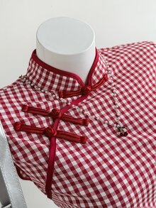 Elamini Women's Red And White Plaid Summer 70s Retro Date Top,Cotton Blend Contrast Button Mandarin Collar Side Slit Waist Cinched Short Sleeve Collegiate - Red and White - View 6