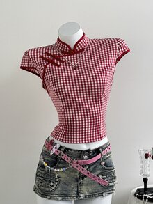 Elamini Women's Red And White Plaid Summer 70s Retro Date Top,Cotton Blend Contrast Button Mandarin Collar Side Slit Waist Cinched Short Sleeve Collegiate - Red and White - View 4