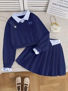 SHEIN 青少年女孩秋季套裝 2件/組 圓領休閒條紋蝴蝶結印花拼接衛衣與百褶迷你裙套裝，秋季，可愛，舒適 - 藏蓝色 - 查看 2