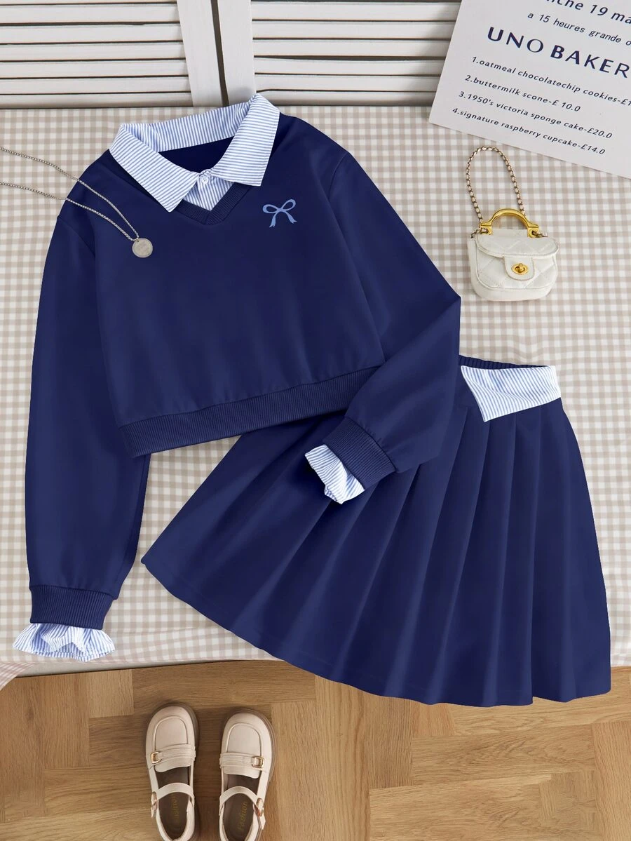 SHEIN 青少年女孩秋季套裝 2件/組 圓領休閒條紋蝴蝶結印花拼接衛衣與百褶迷你裙套裝，秋季，可愛，舒適