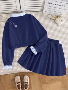 SHEIN 青少年女孩秋季套裝 2件/組 圓領休閒條紋蝴蝶結印花拼接衛衣與百褶迷你裙套裝，秋季，可愛，舒適 - 藏蓝色 - 查看 3