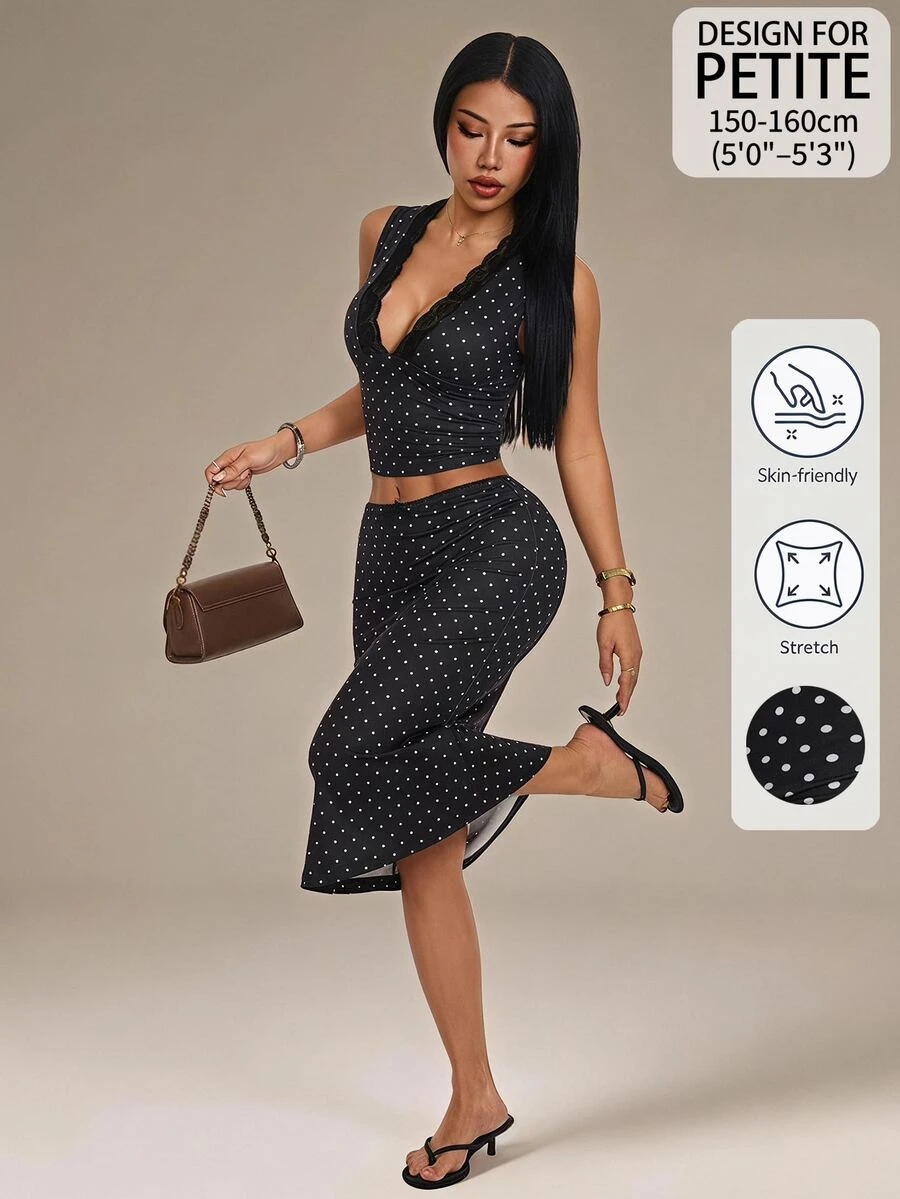 SHEIN PETITE 女款 2 件組黑白波點蕾絲飾邊深 V 短版上衣與高腰裙套裝,優雅 Y2K 穿搭,適合夏季茶會與雞尾酒會造型 - 黑色 - 查看 1