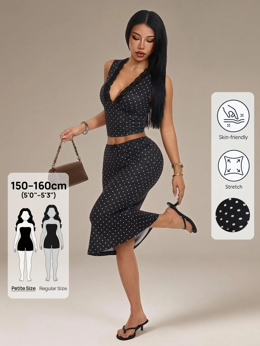 SHEIN PETITE Women's 2PCS Black And White Polka Dot Lace-Trim Deep-V Crop Top&High-Waist Skirt Set,Elegant Y2K Co-Ord For Summer,Tea Party&Cocktail Outfit - Black - View 1