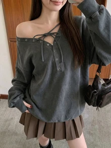 FRIFUL Women's Solid Color Off-Shoulder Casual Aesthetic Daily Long Sleeve Sweatshirt Everyday Charcoal Gray Autumn - Grey - View 2