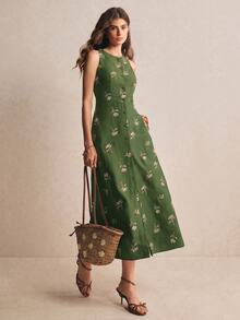 Poéselle Women's Vacation Casual Cottage Vintage Floral Embroidered Front Button Sleeveless Midi Dress Vacation Dark Green Summer - Army Green - View 7