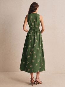 Poéselle Women's Vacation Casual Cottage Vintage Floral Embroidered Front Button Sleeveless Midi Dress Vacation Dark Green Summer - Army Green - View 2