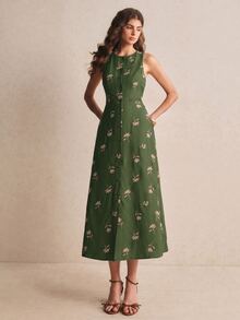 Poéselle Women's Vacation Casual Cottage Vintage Floral Embroidered Front Button Sleeveless Midi Dress Vacation Dark Green Summer - Army Green - View 4