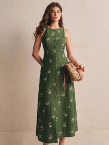 Poéselle Women's Vacation Casual Cottage Vintage Floral Embroidered Front Button Sleeveless Midi Dress Vacation Dark Green Summer - Army Green - View 6