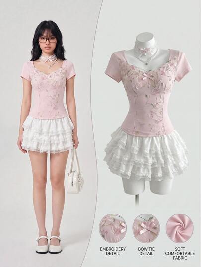Elamini 黄色撞色荷叶边拼接心形领口收腰短袖女式连衣裙，春夏款，优雅浪漫复古可爱百搭，适合度假、外出、日常穿着。