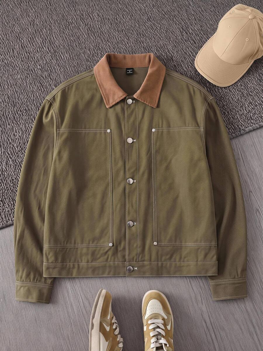 Mainfolk Jaket Kasual Pria Bahan Korduroi Tenun dengan Kerah Lipat, Cocok untuk Pemakaian Sehari-hari - Hijau Tentara - View 1