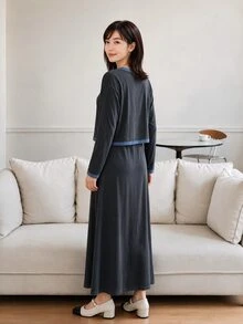 Yumoku Women's Colorblock Long Sleeve Single-Breasted Top And Dress Elegant 2 Pieces Set Fall Clothes For Women Winter Outfit For Women - Grey - View 2