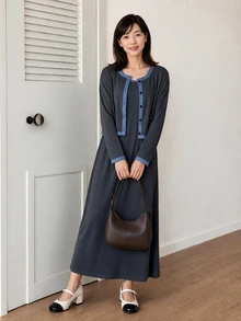 Yumoku Women's Colorblock Long Sleeve Single-Breasted Top And Dress Elegant 2 Pieces Set Fall Clothes For Women Winter Outfit For Women - Grey - View 3